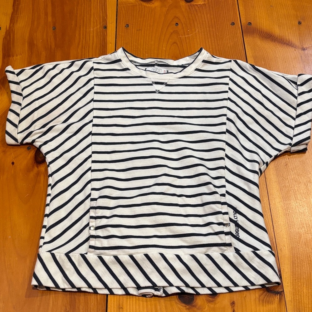 HELLY HANSEN M Blue Stripe Terry Cotton Knit Top Cuffed Short Sleeve